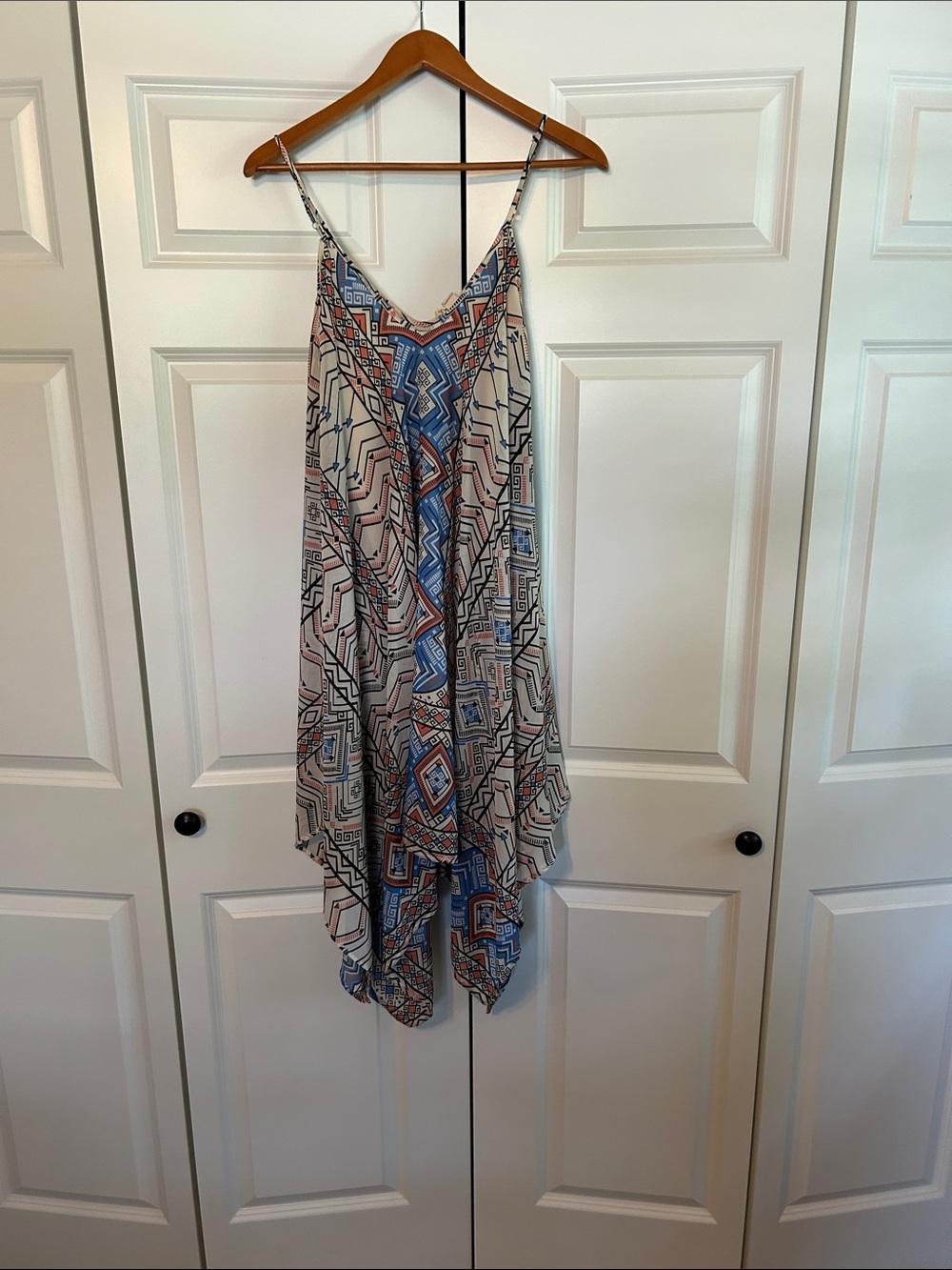 Japna Geometric Handkerchief-Hem Slip Dress in Blue and Cream